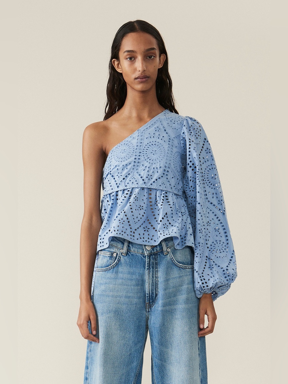 GANNI One Shoulder Balloon Sleeve Broderie Anglaise Top Blue Size 38